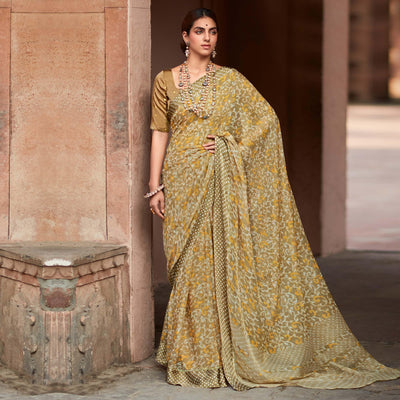 Brown Printed Chiffon Saree