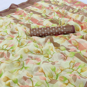 Brown Printed Chiffon Saree