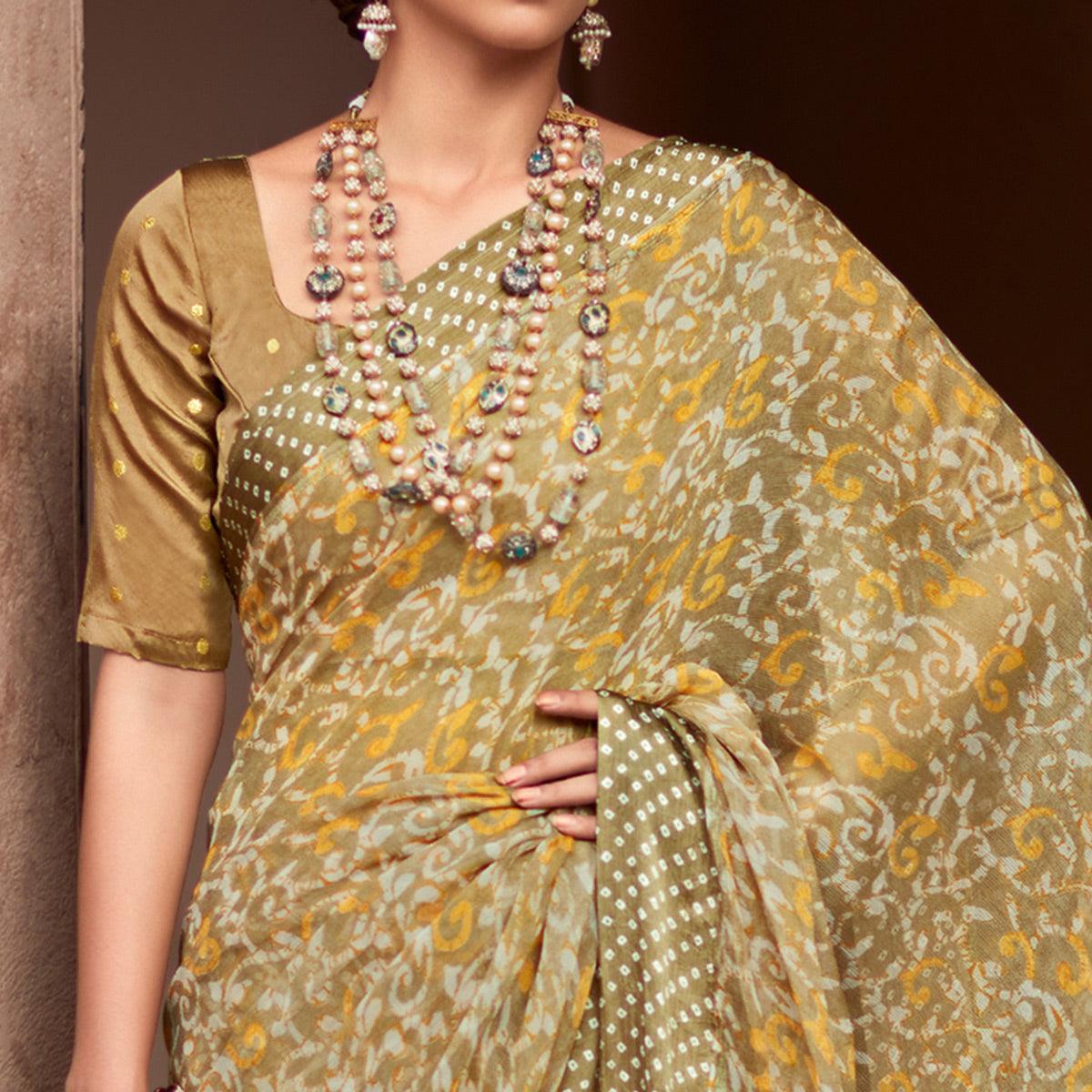 Brown Printed Chiffon Saree