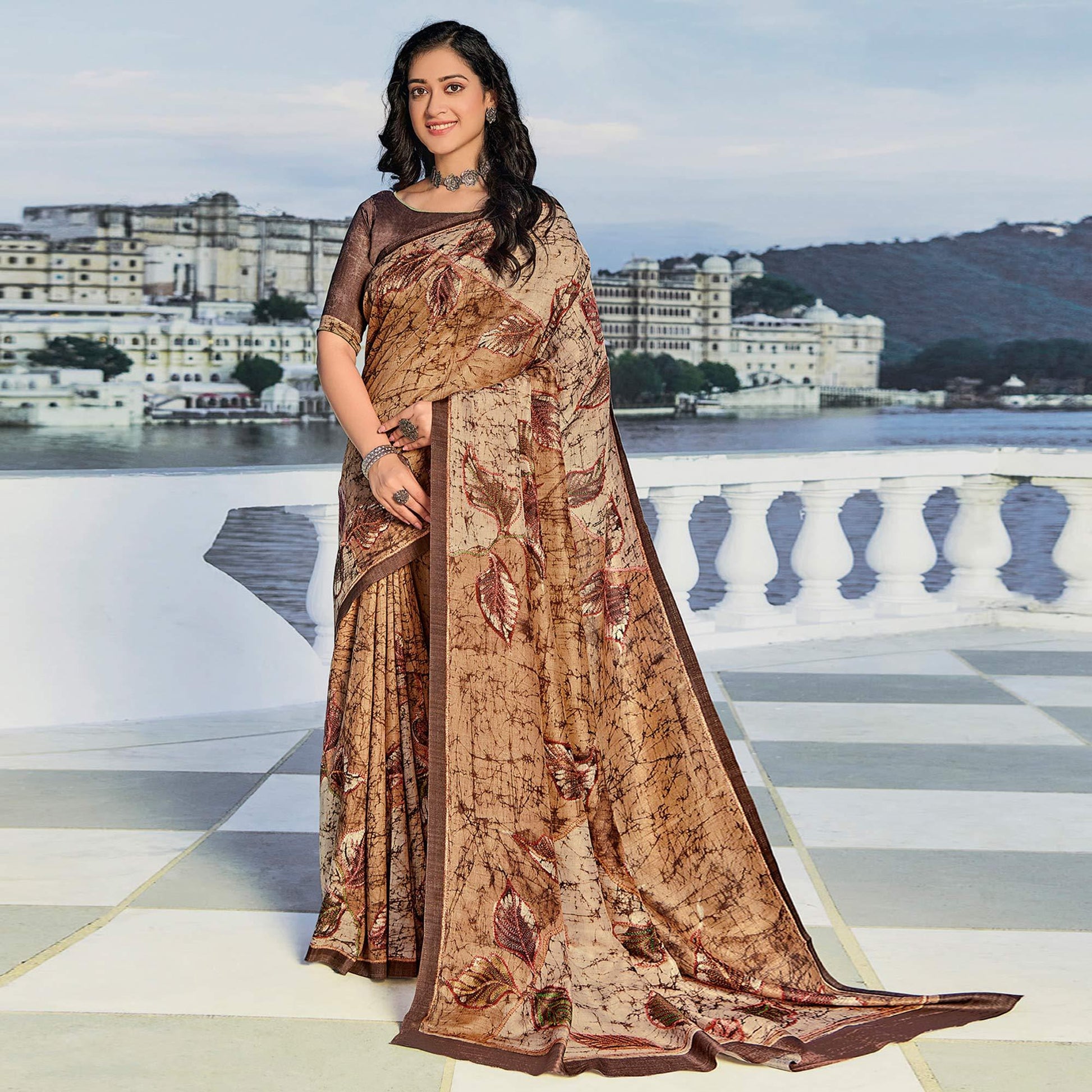 Brown Printed Cotton Silk Saree