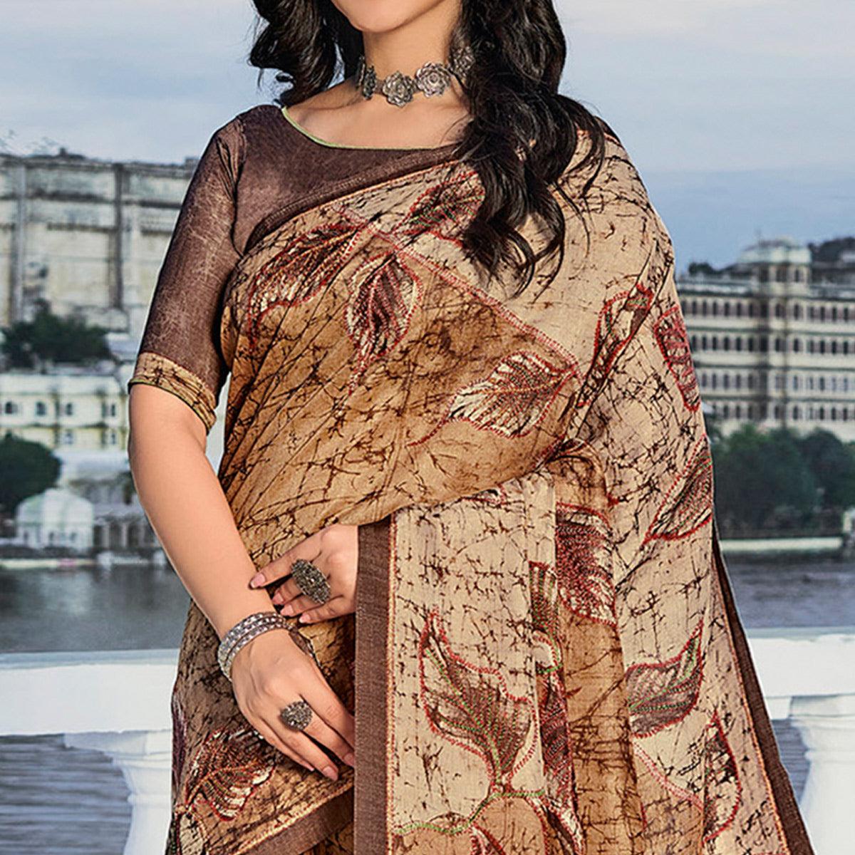 Brown Printed Cotton Silk Saree
