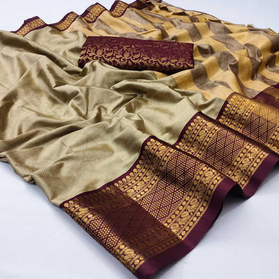 Brown Printed Cotton Silk Saree