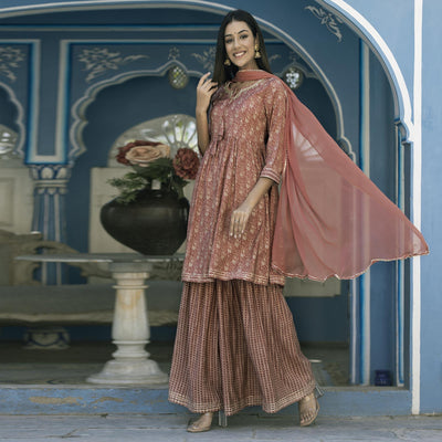 Brown Printed Cotton Silk Sharara Set With Dupatta
