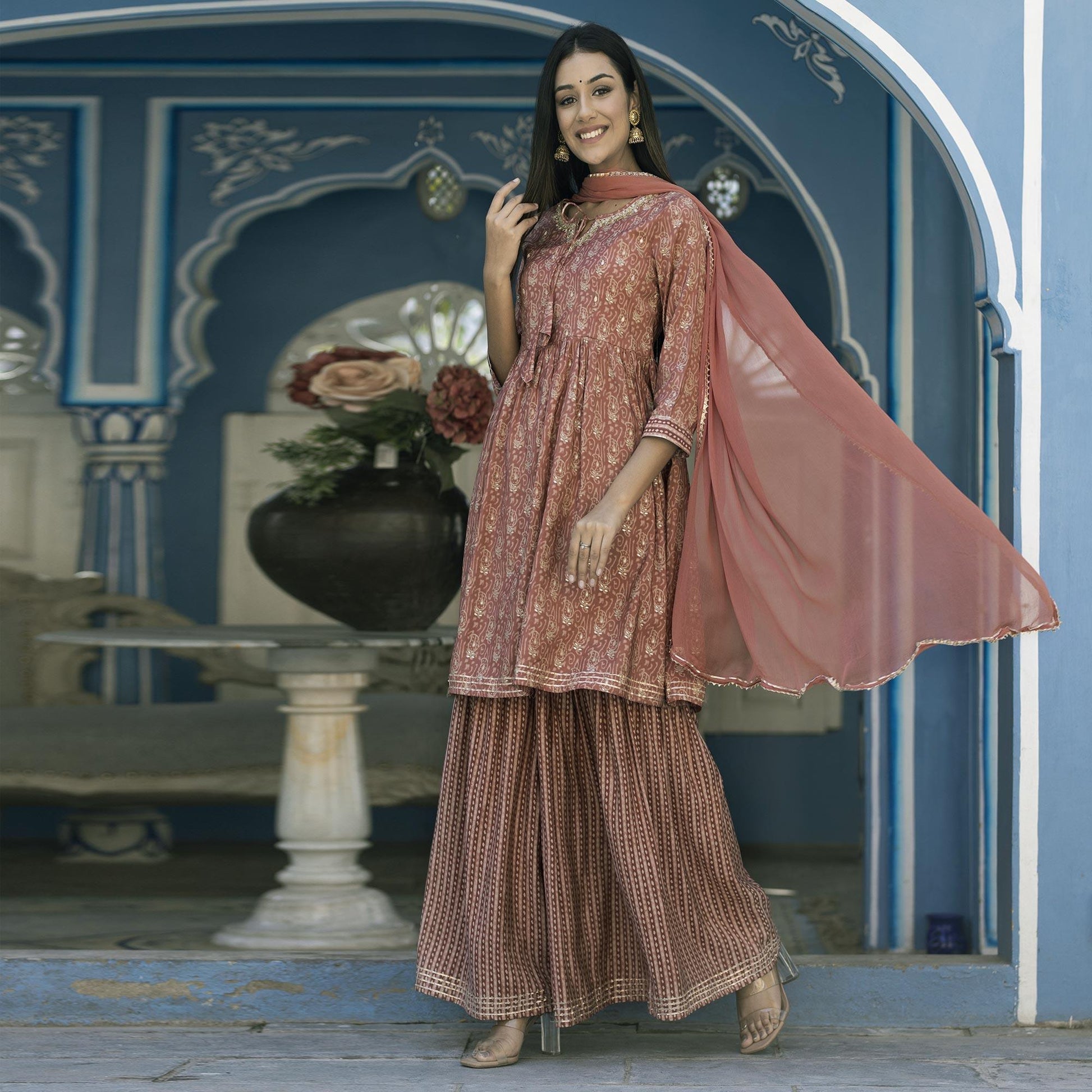 Brown Printed Cotton Silk Sharara Set With Dupatta