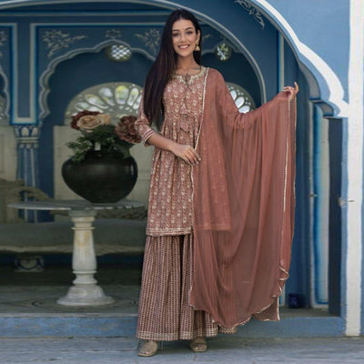 Brown Printed Cotton Silk Sharara Set With Dupatta