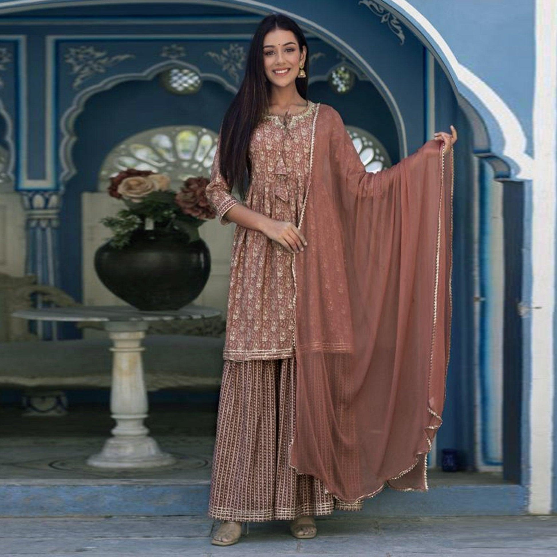 Brown Printed Cotton Silk Sharara Set With Dupatta