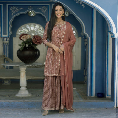 Brown Printed Cotton Silk Sharara Set With Dupatta