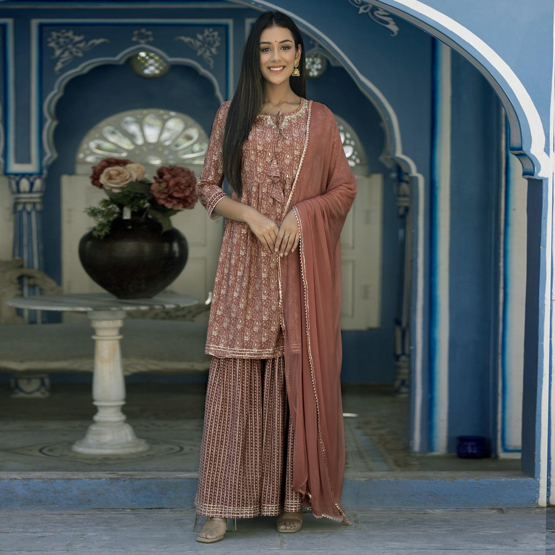 Brown Printed Cotton Silk Sharara Set With Dupatta