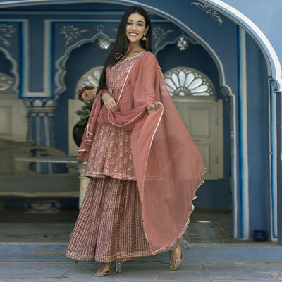 Brown Printed Cotton Silk Sharara Set With Dupatta