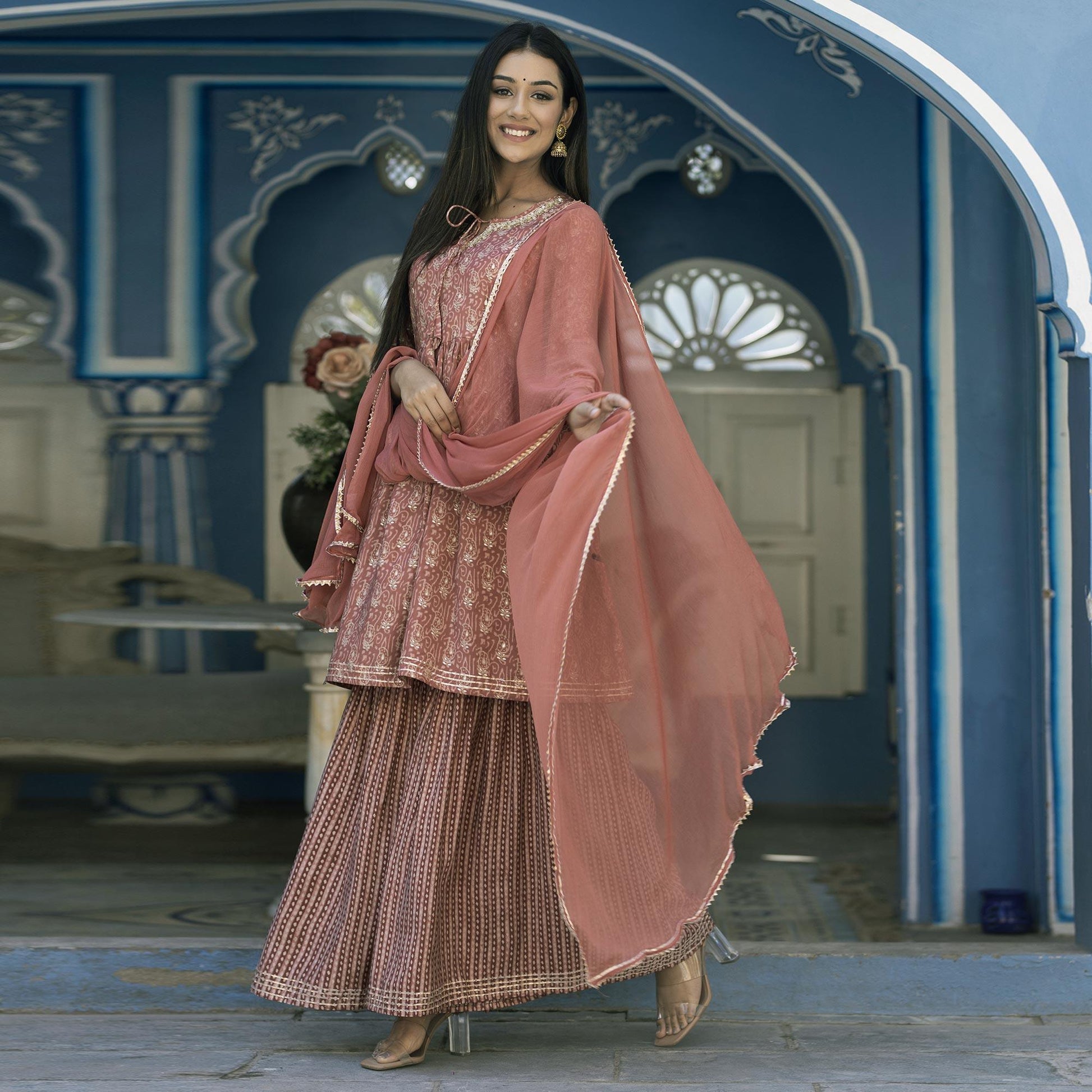 Brown Printed Cotton Silk Sharara Set With Dupatta