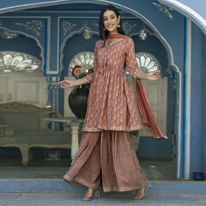 Brown Printed Cotton Silk Sharara Set With Dupatta