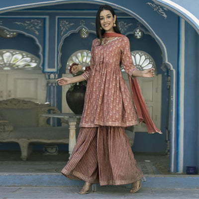 Brown Printed Cotton Silk Sharara Set With Dupatta