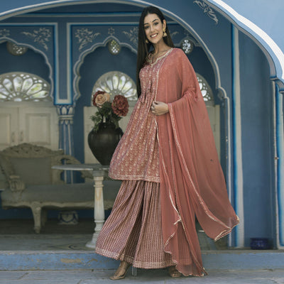 Brown Printed Cotton Silk Sharara Set With Dupatta