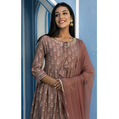 Brown Printed Cotton Silk Sharara Set With Dupatta
