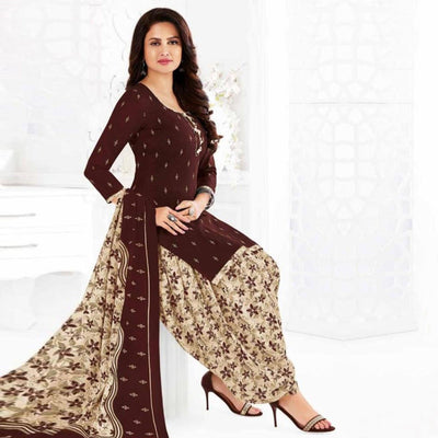 Brown Printed Crepe Patiala Dress Material