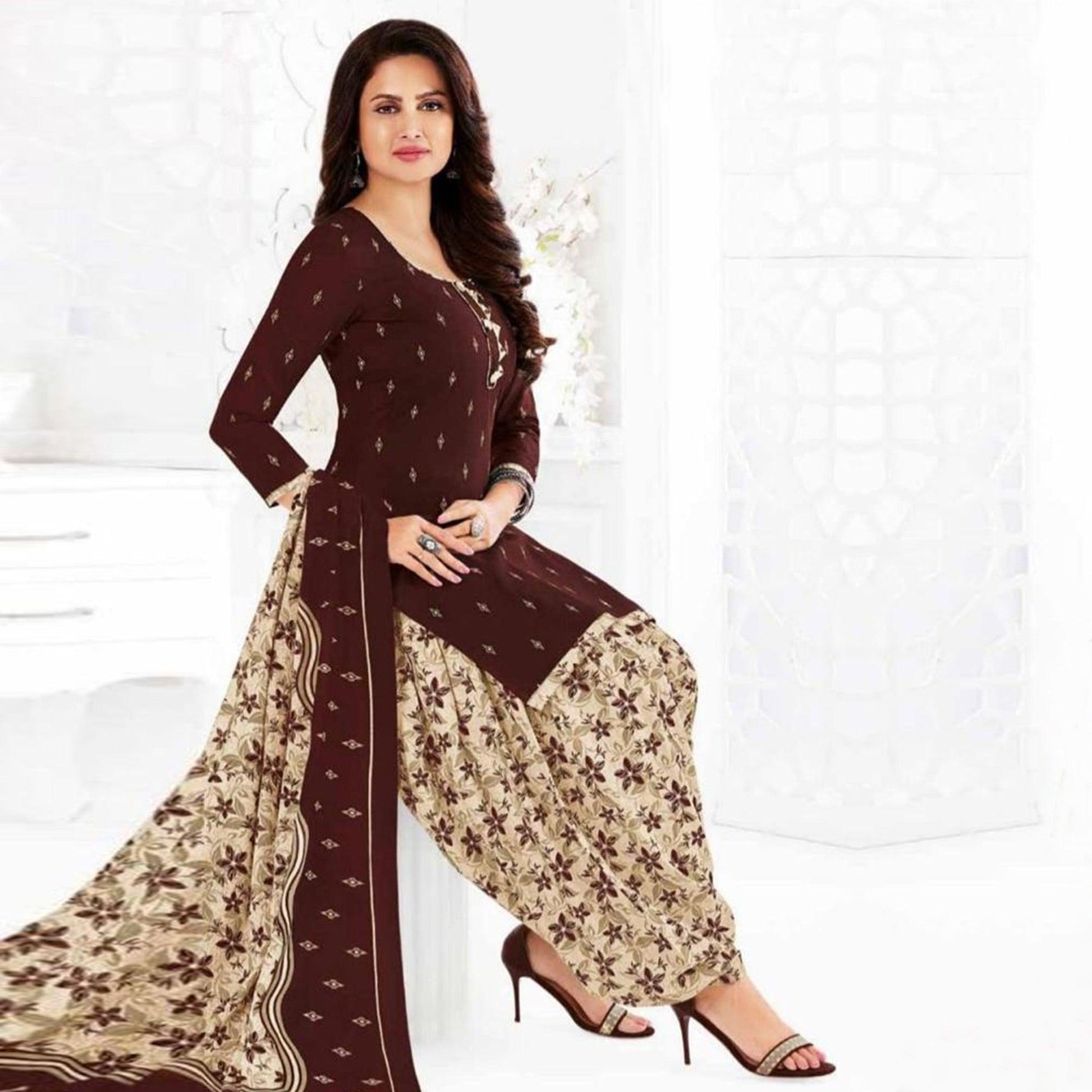 Brown Printed Crepe Patiala Dress Material