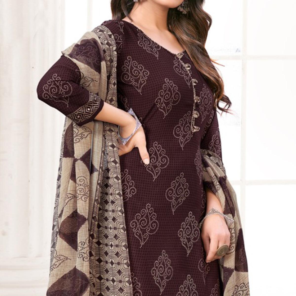 Brown Printed Crepe Patiala Dress Material