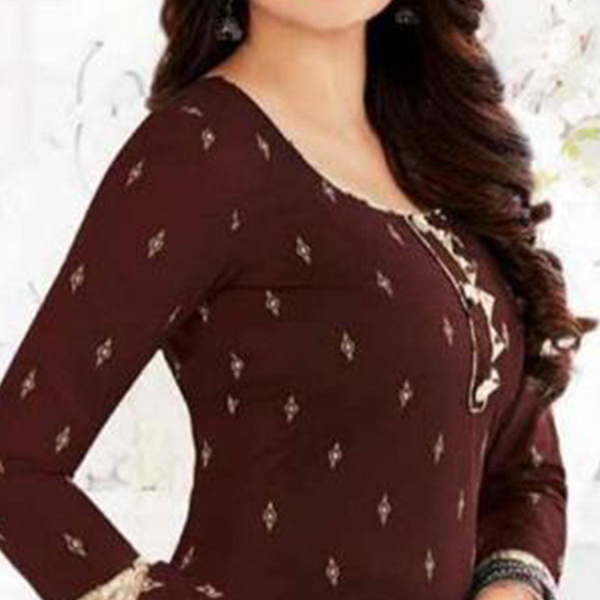 Brown Printed Crepe Patiala Dress Material