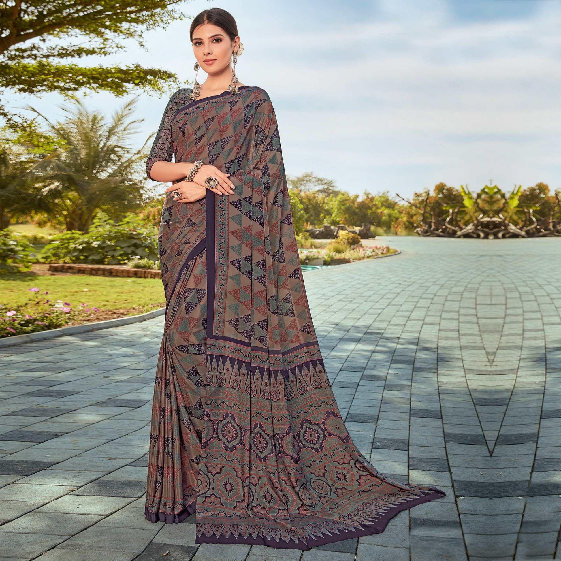 Brown Printed Crepe Saree