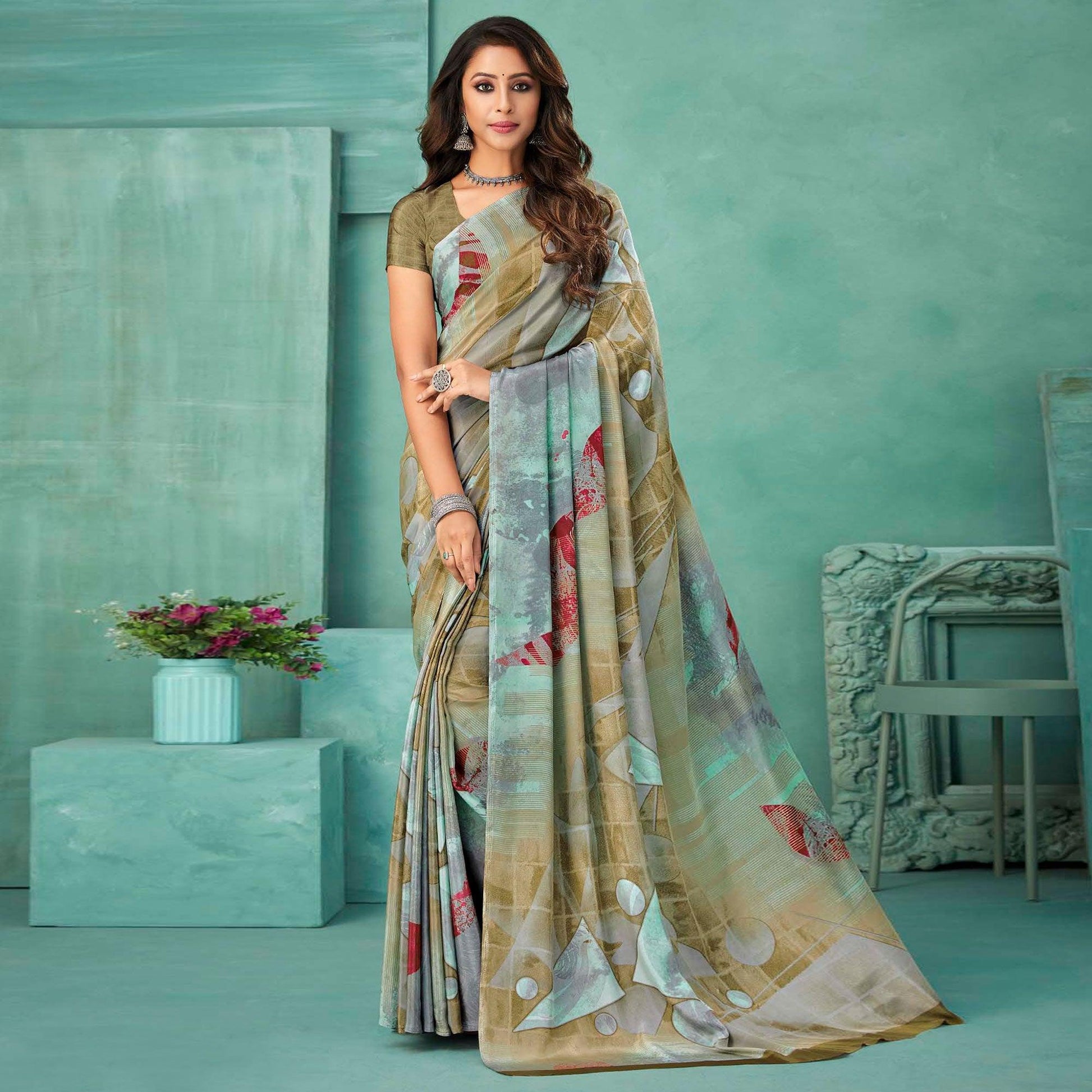 Brown Printed Crepe Saree