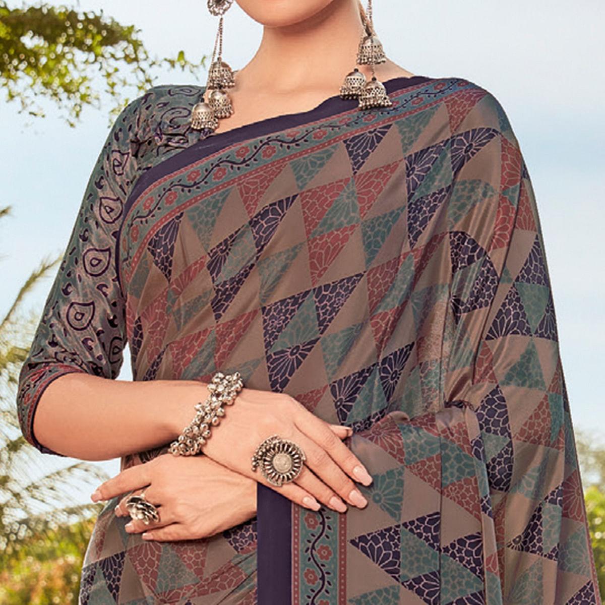 Brown Printed Crepe Saree
