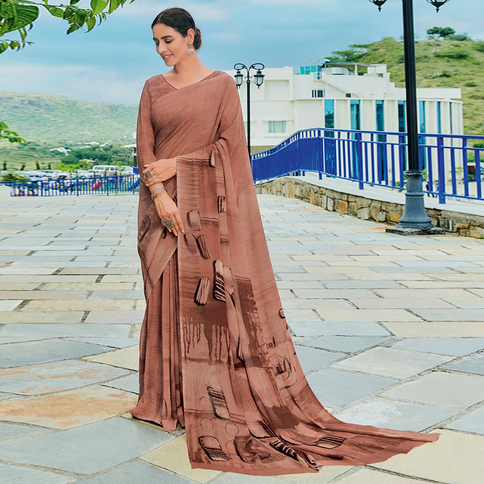 Brown Printed Georgette Saree