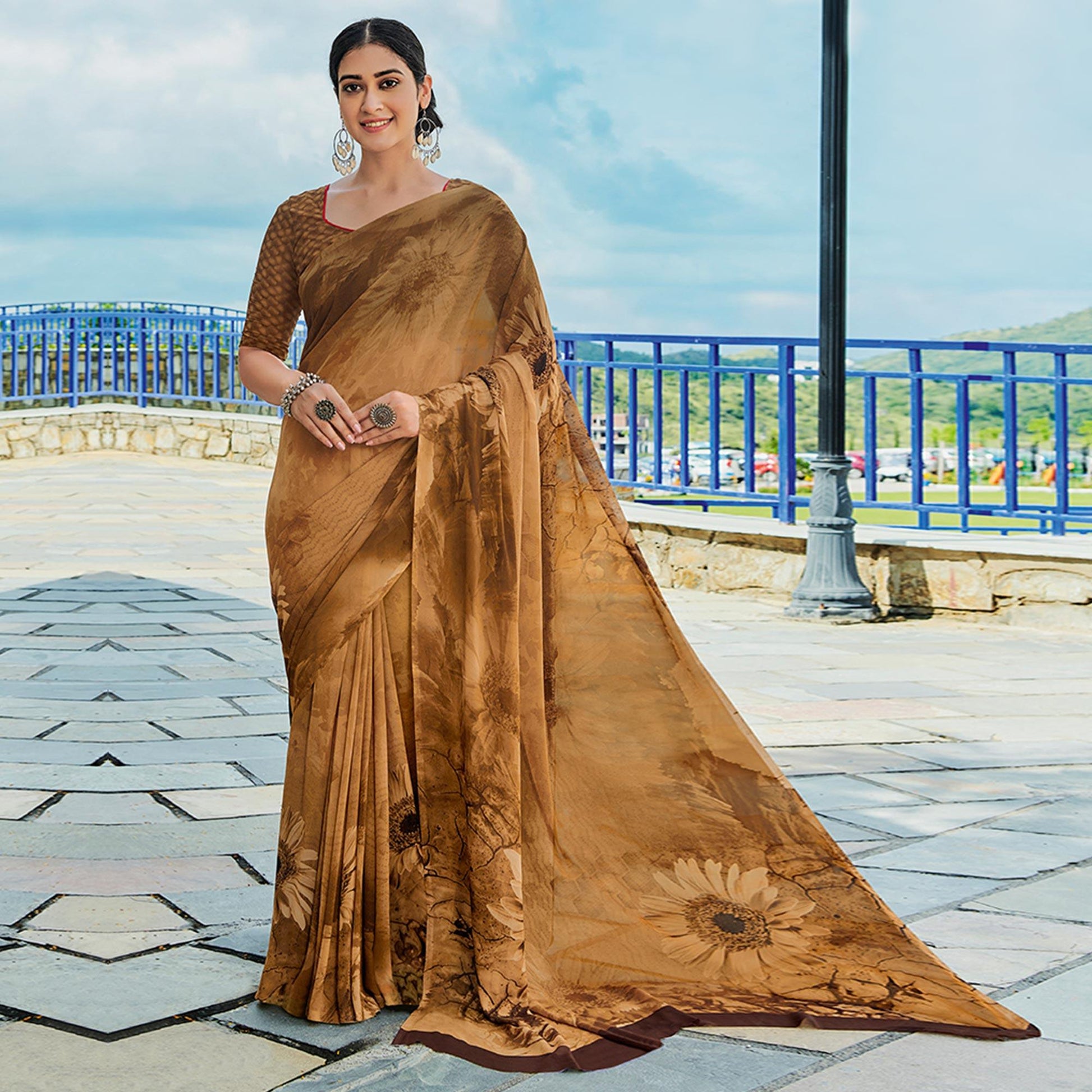 Brown Printed Georgette Saree