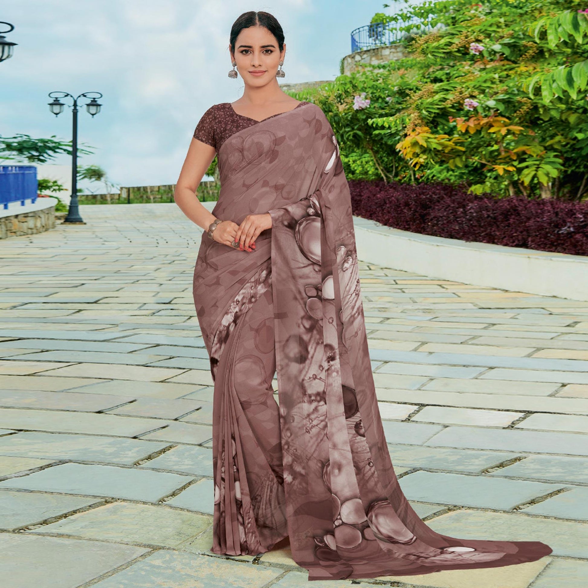 Brown Printed Georgette Saree