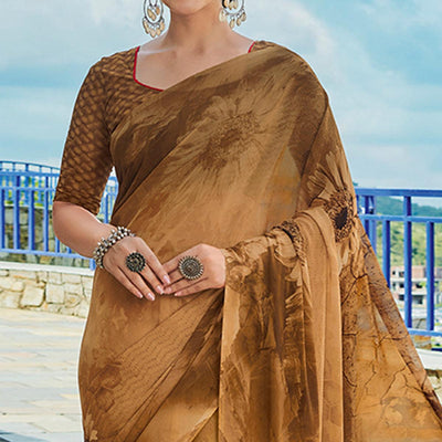 Brown Printed Georgette Saree