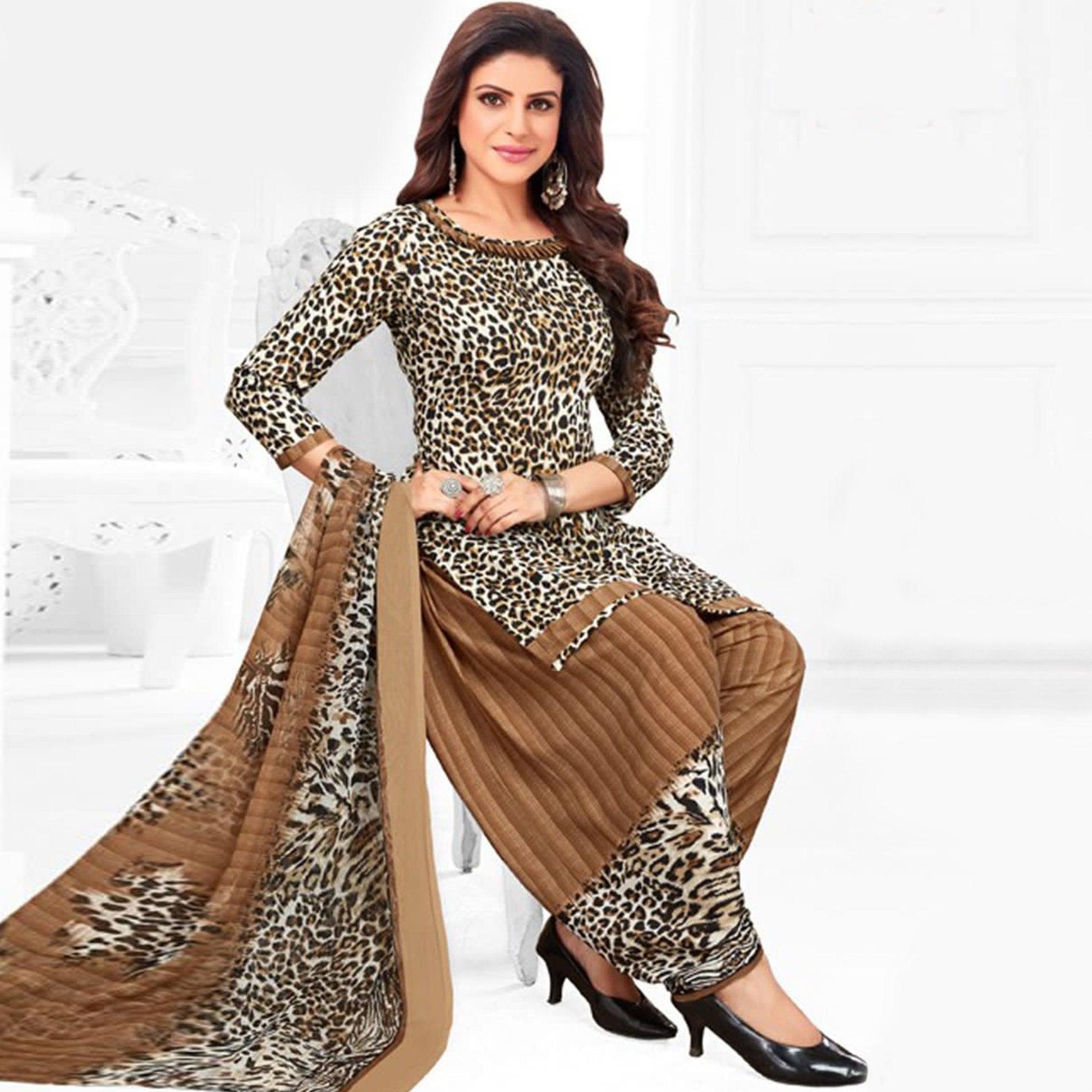 Brown Printed Leon Patiala Dress Material