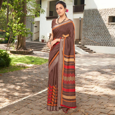 Brown Printed Linen Saree