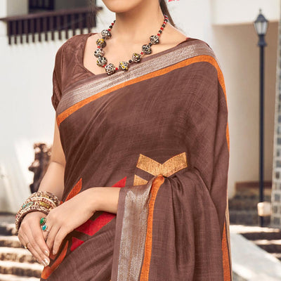 Brown Printed Linen Saree