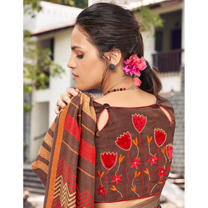 Brown Printed Linen Saree