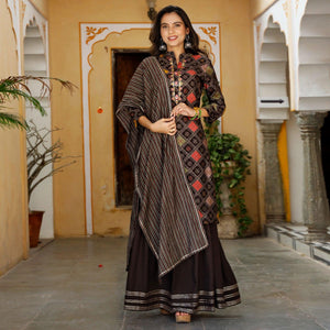 Brown Printed Muslin Sharara Suit