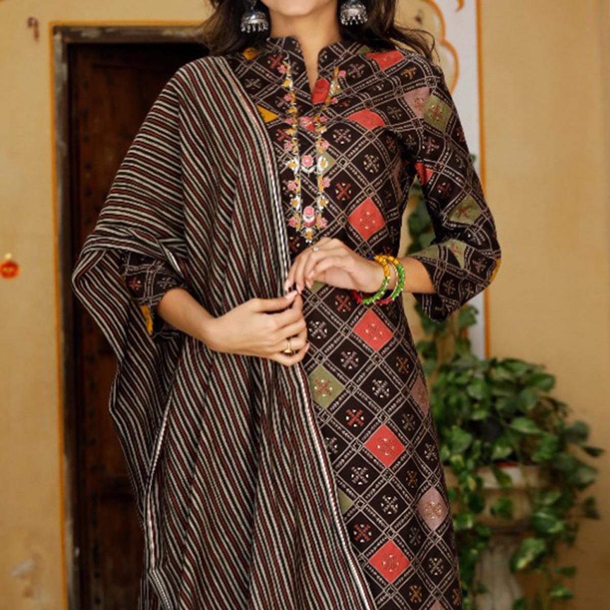 Brown Printed Muslin Sharara Suit
