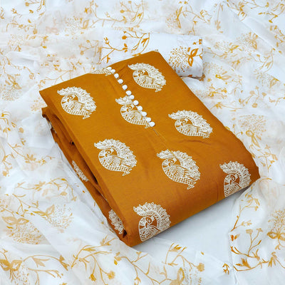 Brown Printed Cotton Blend Dress Material