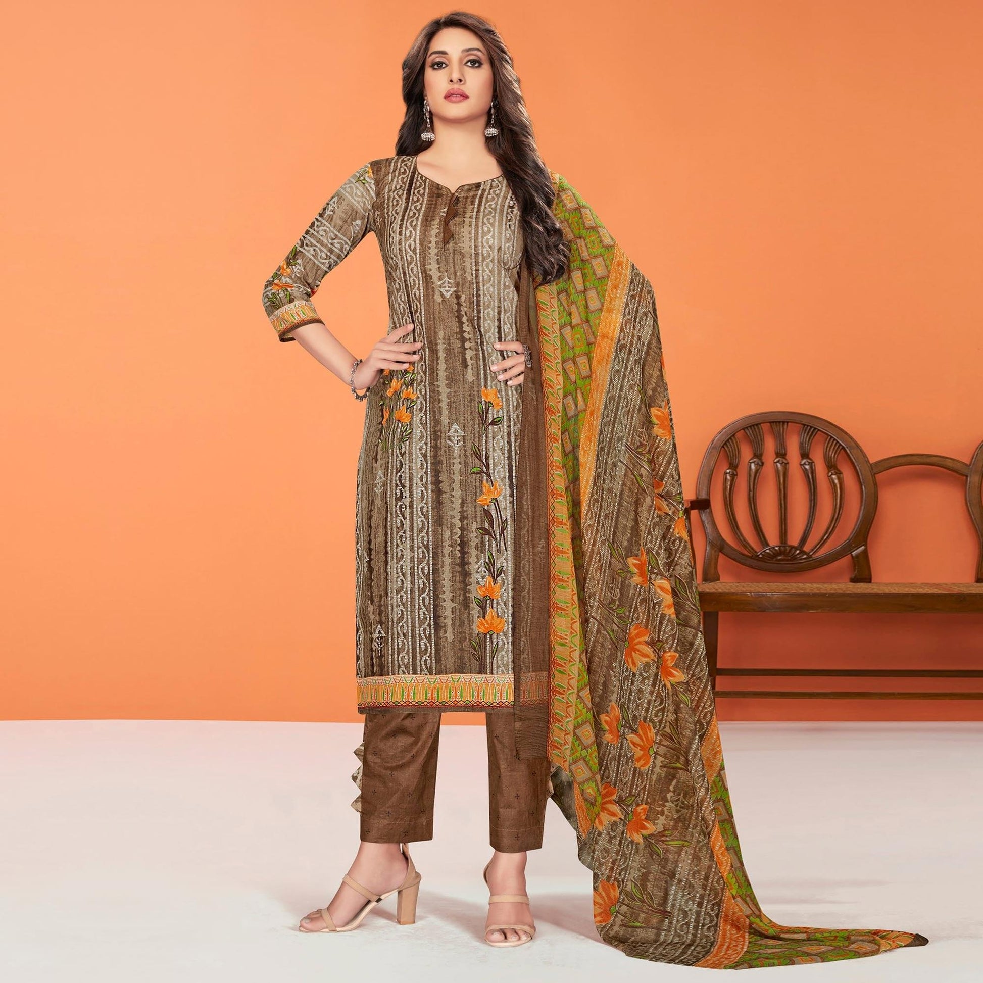 Brown Printed Cotton Blend Dress Material