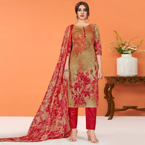 Brown Printed Cotton Blend Dress Material
