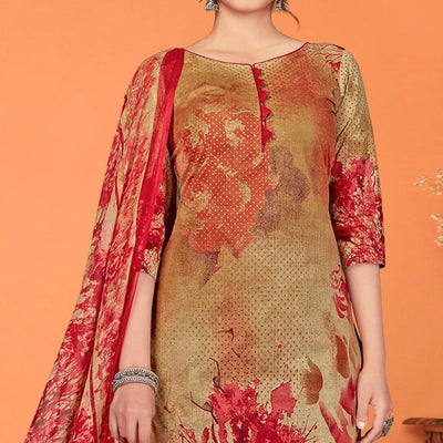 Brown Printed Cotton Blend Dress Material