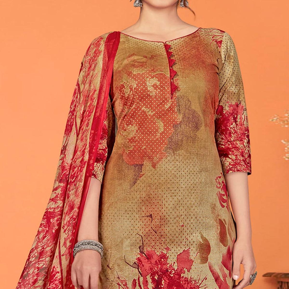 Brown Printed Cotton Blend Dress Material