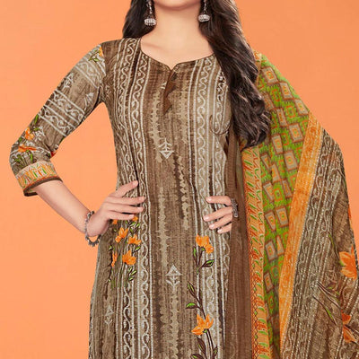 Brown Printed Cotton Blend Dress Material