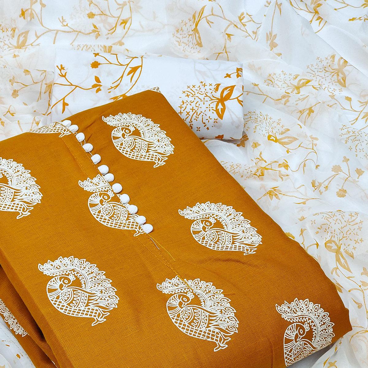 Brown Printed Cotton Blend Dress Material