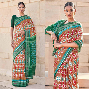 Brown Printed Cotton Blend Saree