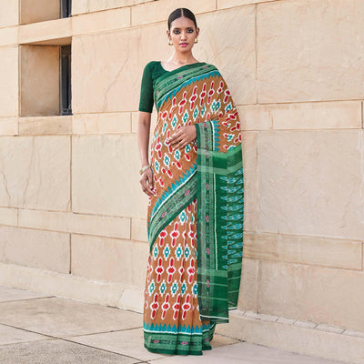 Brown Printed Cotton Blend Saree