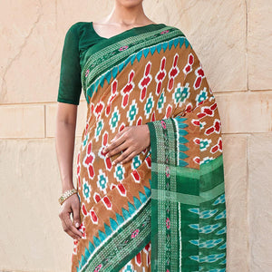 Brown Printed Cotton Blend Saree