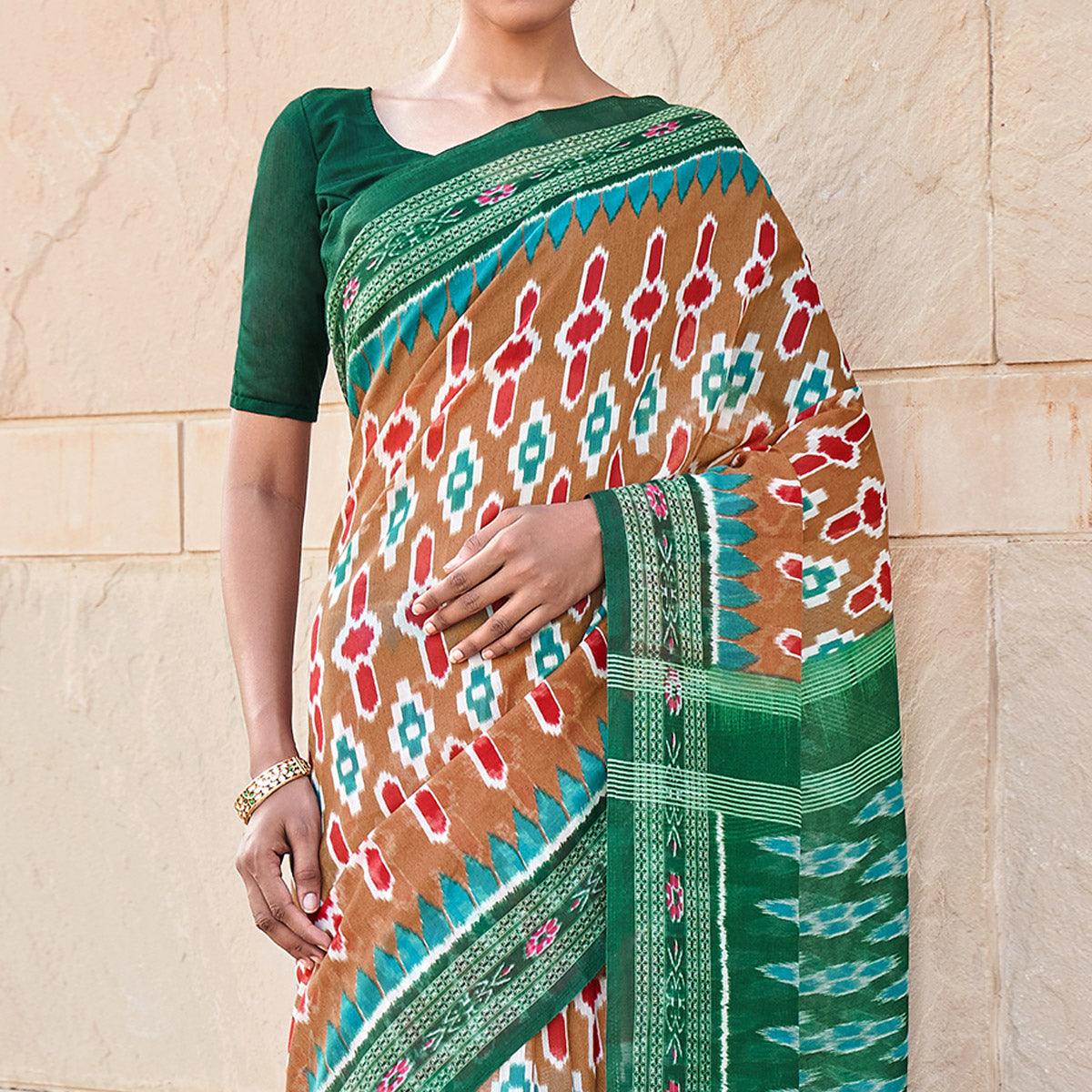 Brown Printed Cotton Blend Saree