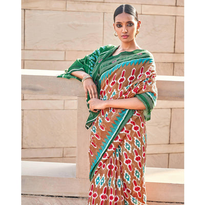 Brown Printed Cotton Blend Saree