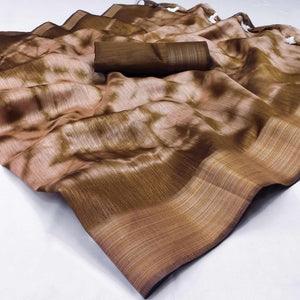 Brown Printed Cotton Blend Saree With Tassels