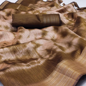 Brown Printed Cotton Blend Saree With Tassels