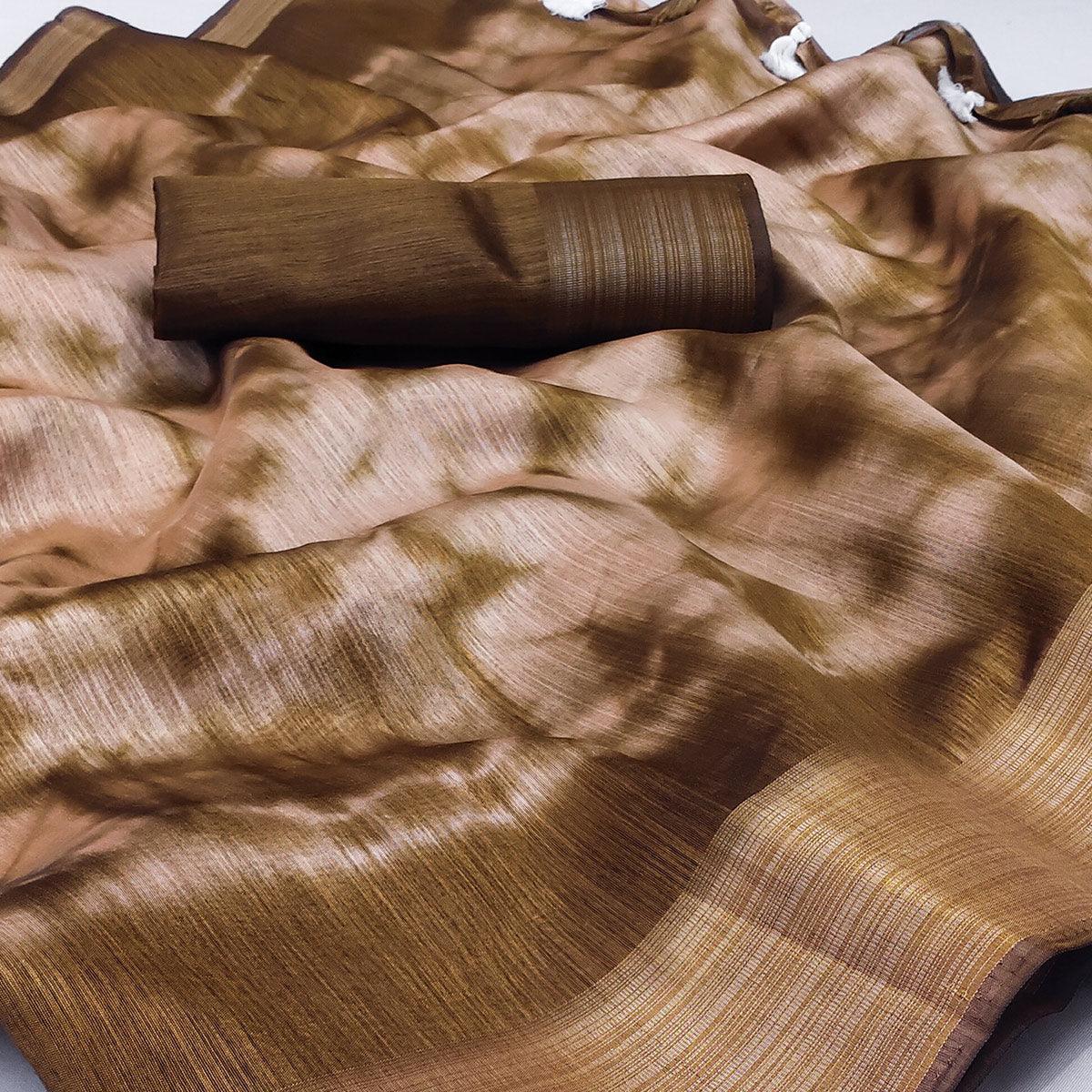 Brown Printed Cotton Blend Saree With Tassels